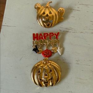 Multiple set of Gold and Enamel Halloween Pumpkin Brooches